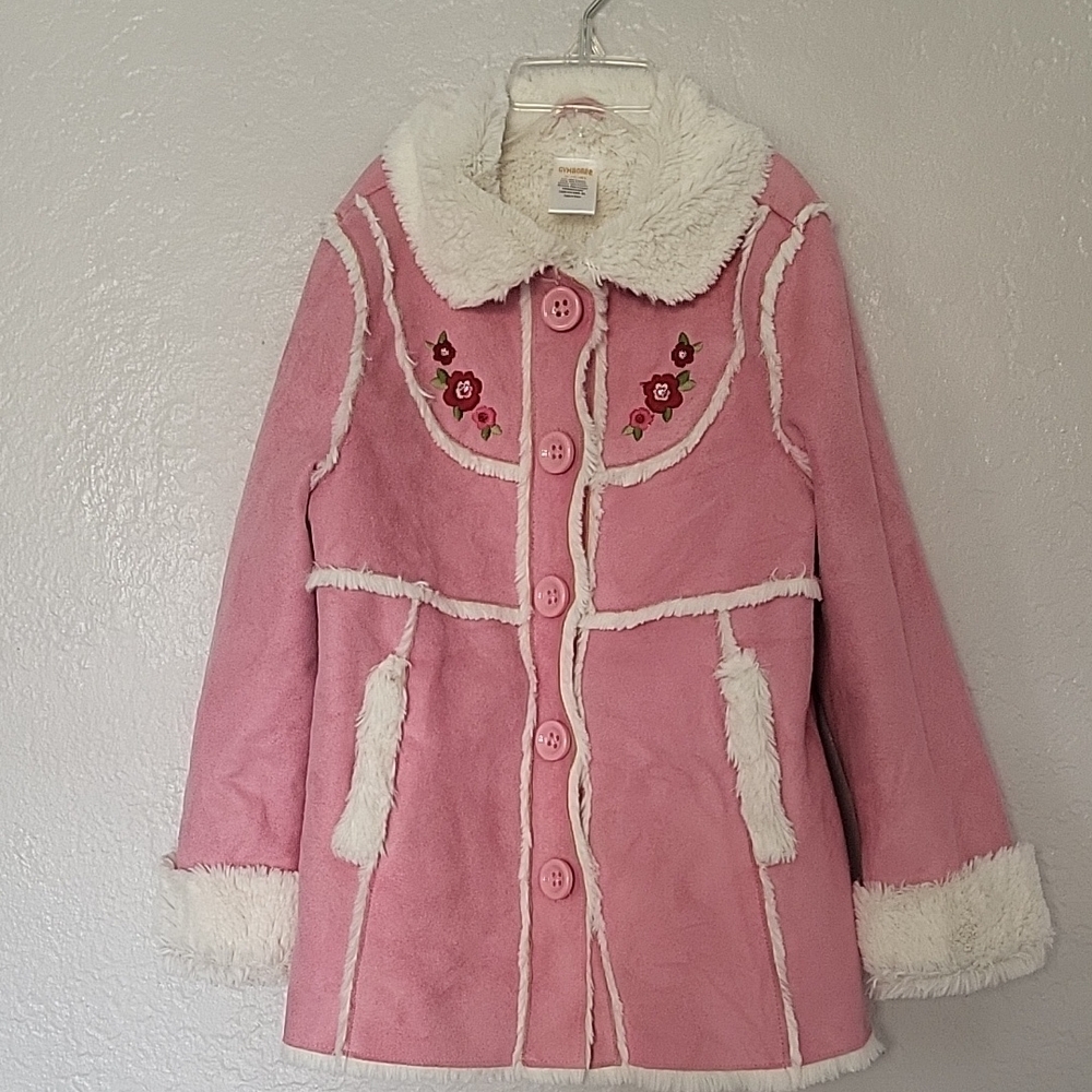 Gymboree Pink and White Puffer Jacket with Faux Fur Trim